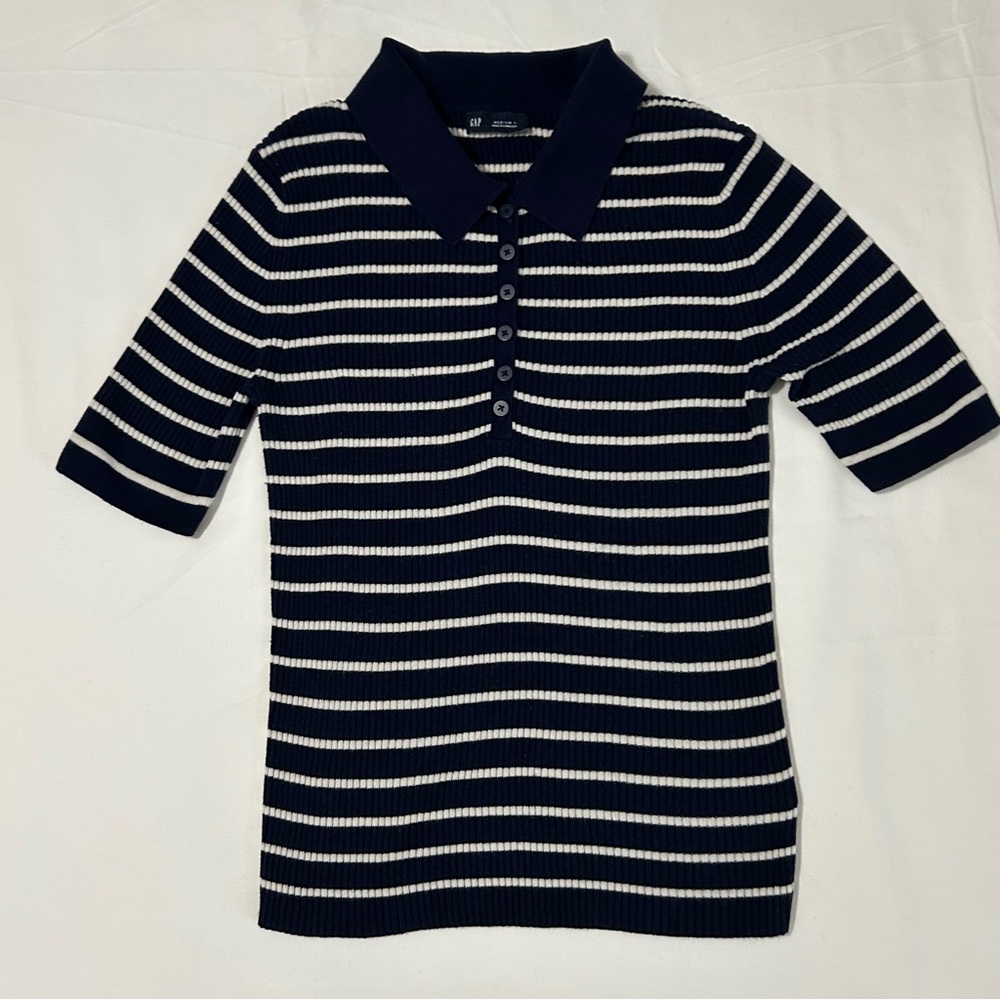 GAP Lightweight CashSoft Sweater navy and white ribbed polo MT